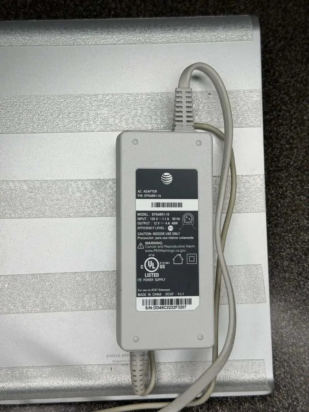 AT&T Gateway AC Power Adapter Model EPS48R1-16 12V 4A 48W
